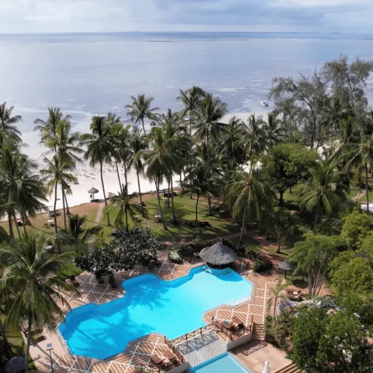 Aerial view of Serena Beach Resort & Spa’s pool, gardens and Shanzu shoreline