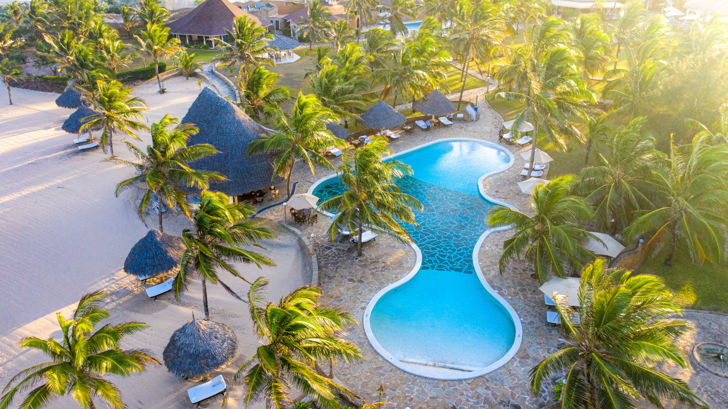 Aerial view of Ocean Beach Resort & Spa’s beachfront pool in Malindi