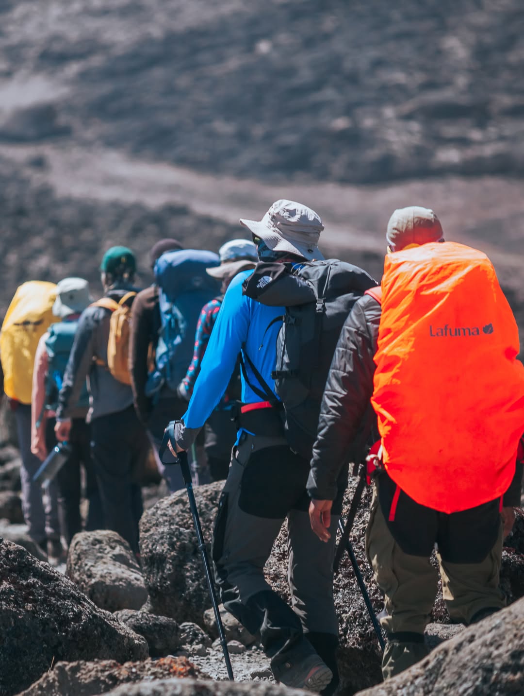 A line of Kilimanjaro climbers moving through a rocky alpine section