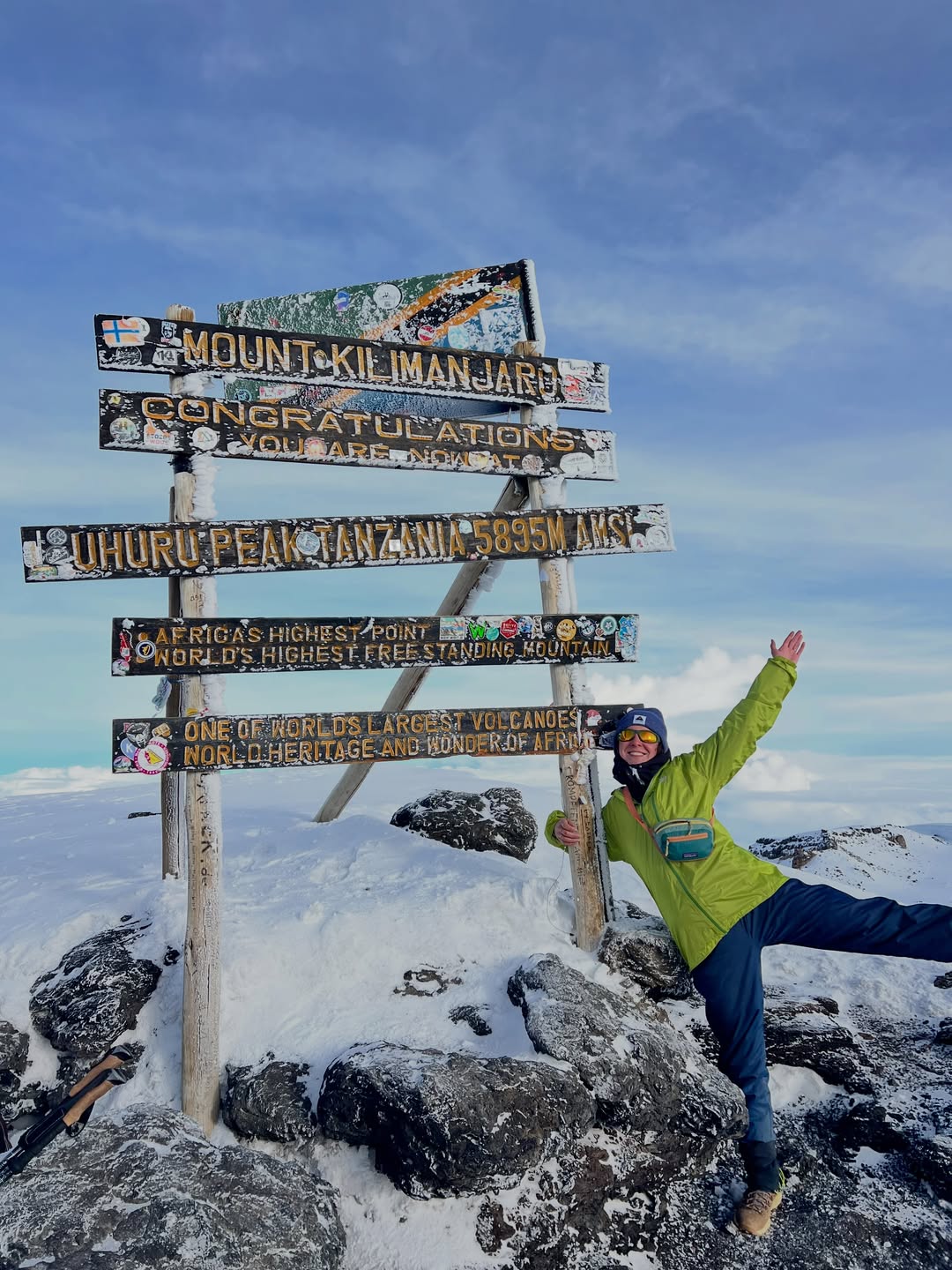 A WAE guest celebrating at snowy Uhuru Peak