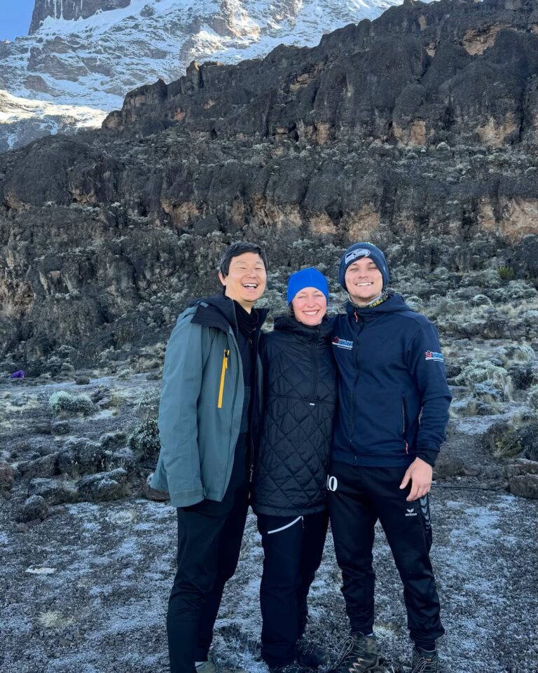 WAE guests in Kilimanjaro’s alpine zone beneath the snow-covered summit