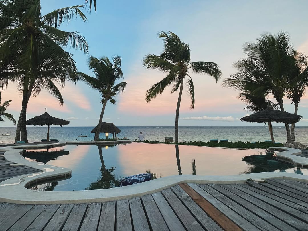 Palm-framed swimming pool facing the Indian Ocean at dusk