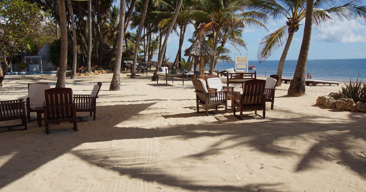 Palm-shaded beachfront at Kilili Baharini Resort & Spa in Malindi