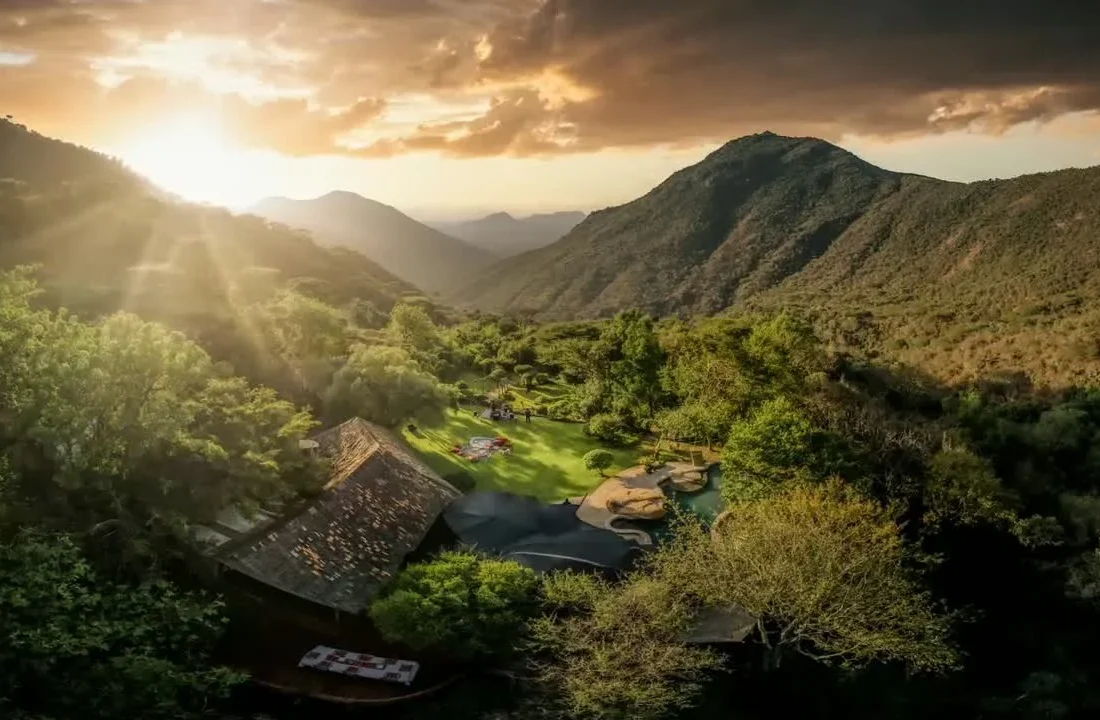 Aerial view of Desert Rose Lodge on the forested slopes of Mount Nyiro in northern Kenya.