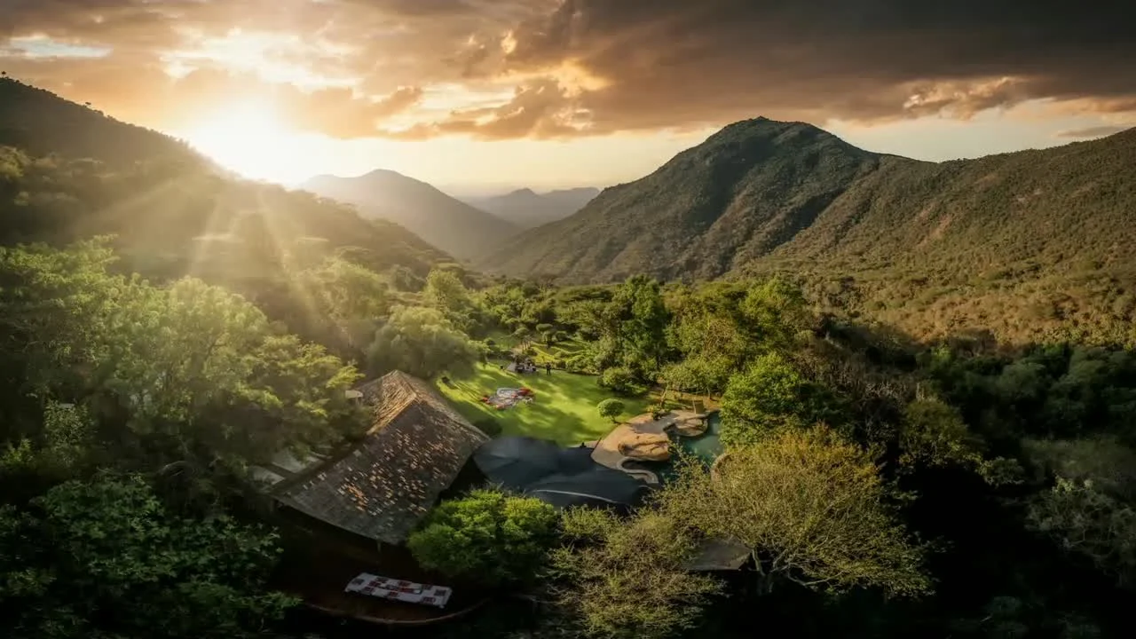 Aerial view of Desert Rose Lodge on the forested slopes of Mount Nyiro in northern Kenya.