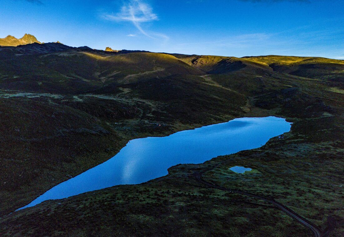 Lake Ellis and the surrounding Mount Kenya moorland seen from above