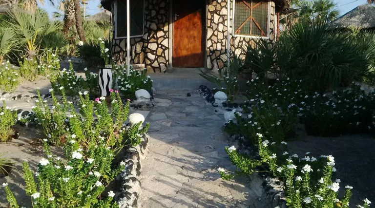 Flower-lined path to a stone cottage at Malabo Resort in Loiyangalani.