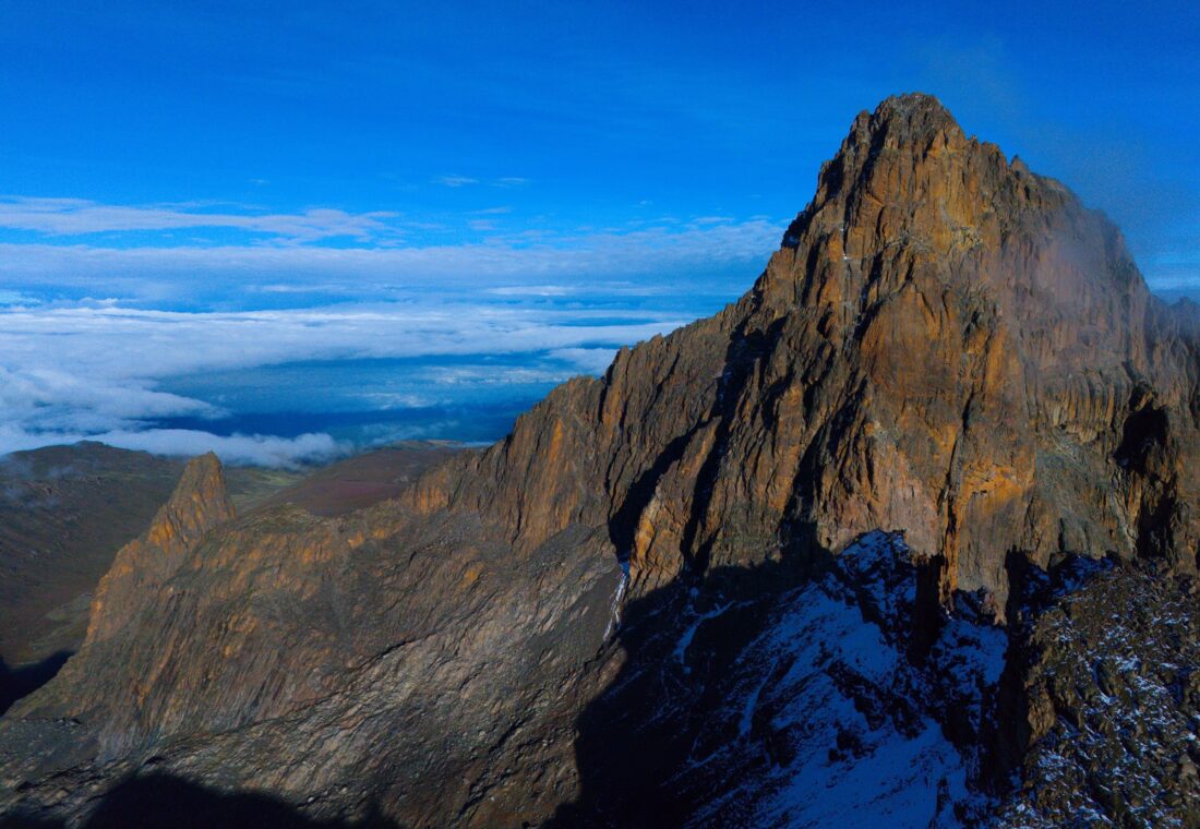 Batian, Mount Kenya’s highest summit, rising above cloud and remnant snow