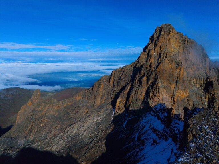 Batian, Mount Kenya’s highest summit, rising above cloud and remnant snow