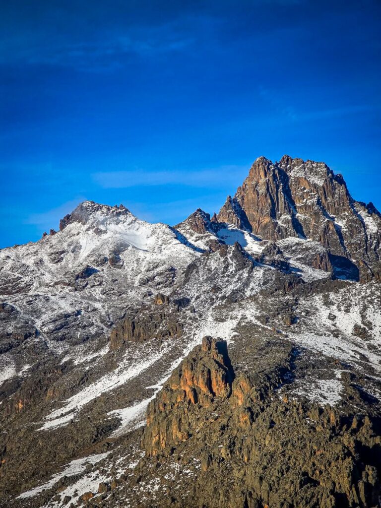 The snow-covered central peaks of Batian and Nelion on Mount Kenya