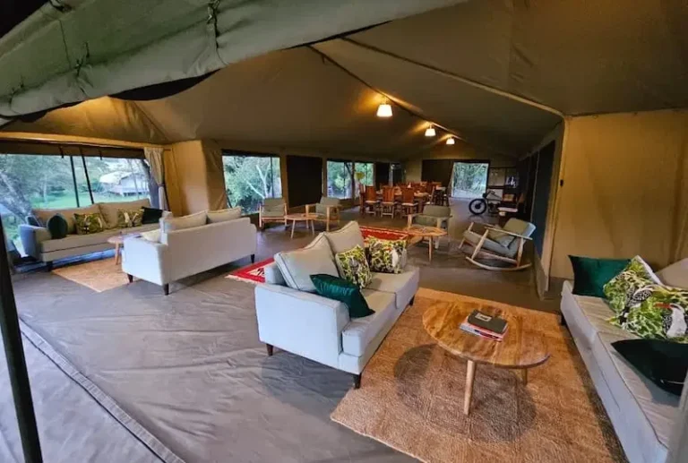 The comfortable mess tent at Porini Mara Camp in the Ol Kinyei Conservancy.