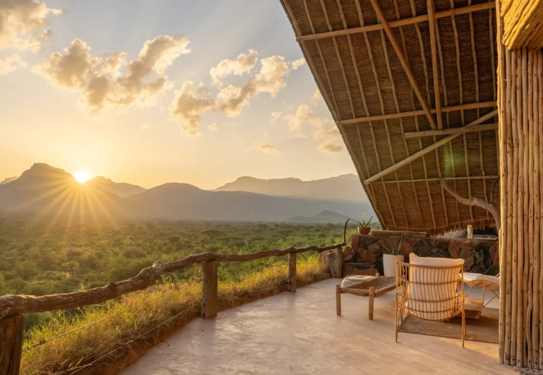 Open lounge at Reteti House overlooking the wilderness of Namunyak Conservancy.