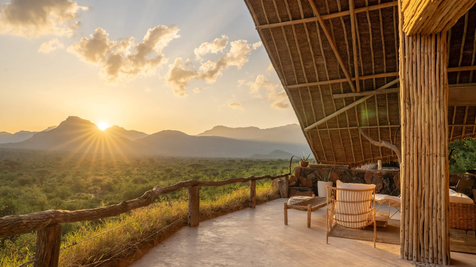 Open lounge at Reteti House overlooking the wilderness of Namunyak Conservancy.