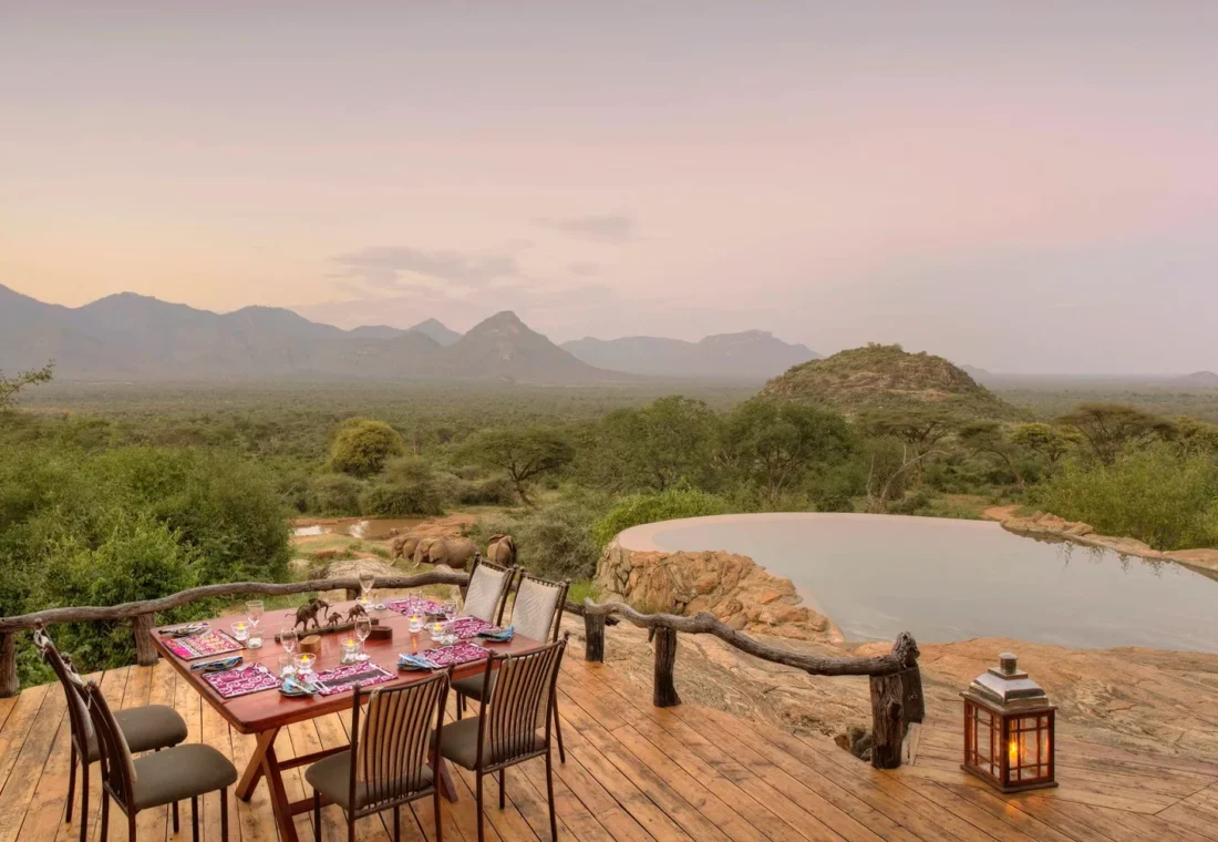 Infinity pool at Sarara Camp overlooking the Mathews Range in northern Kenya.