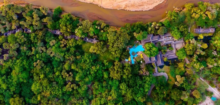 Aerial view of Sarova Shaba Game Lodge beside the Ewaso Nyiro River in Shaba National Reserve.