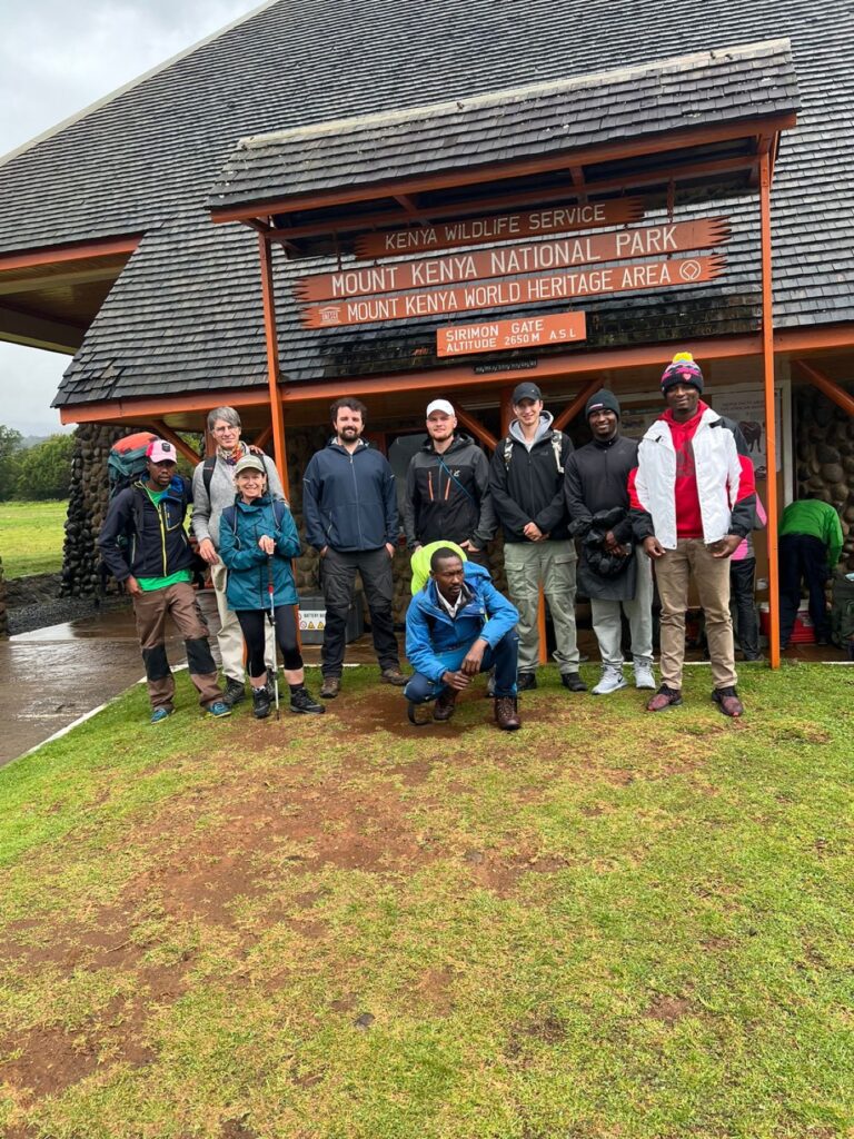 Wilderness Alternative guests and mountain crew at Sirimon Gate, Mount Kenya