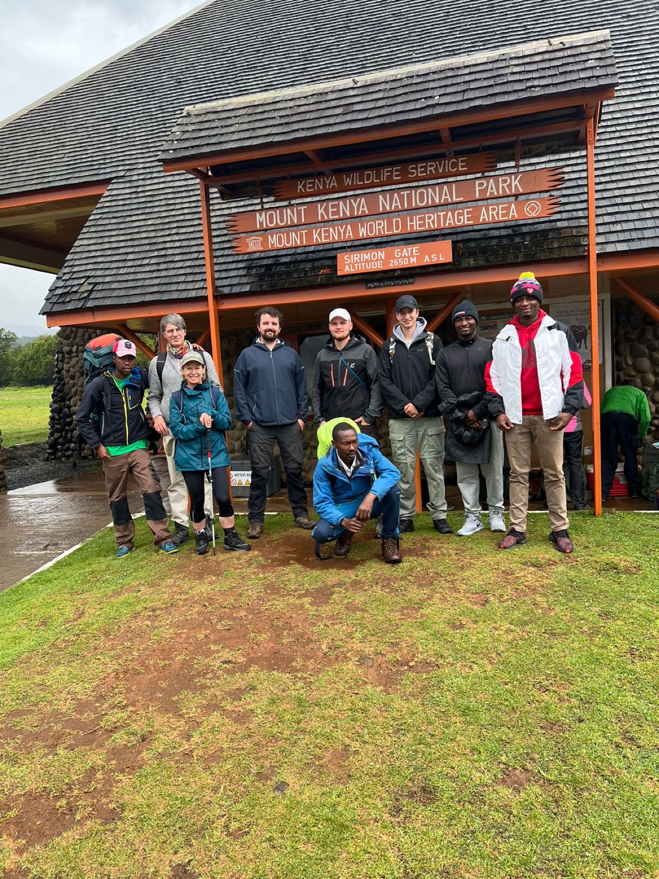 Wilderness Alternative guests and mountain crew at Sirimon Gate, Mount Kenya
