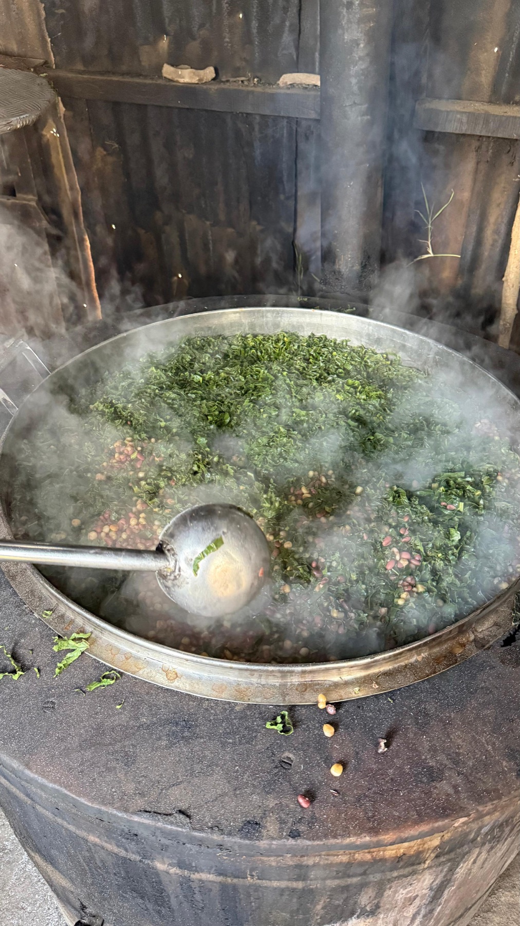 Beans and chopped leafy greens cooking for the Suswa Primary School feeding programme.