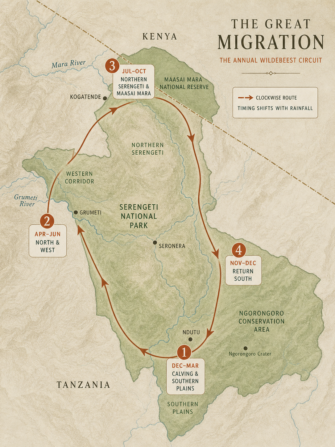 Original map of the year-round Great Migration circuit through the Serengeti and Maasai Mara