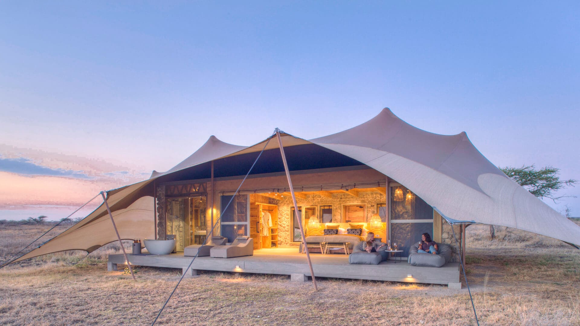 Namiri Plains Camp surrounded by open eastern Serengeti grassland