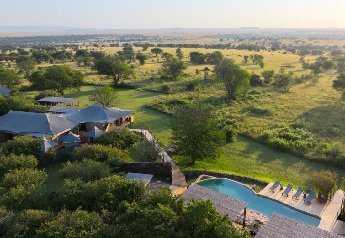 Aerial view of Sayari Camp in the northern Serengeti