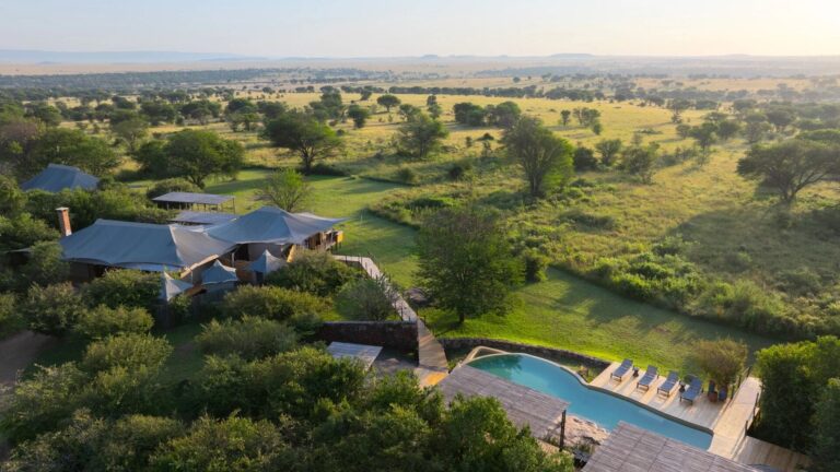 Aerial view of Sayari Camp in the northern Serengeti