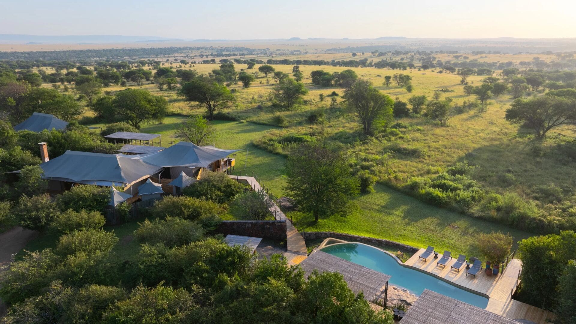 Aerial view of Sayari Camp in the northern Serengeti