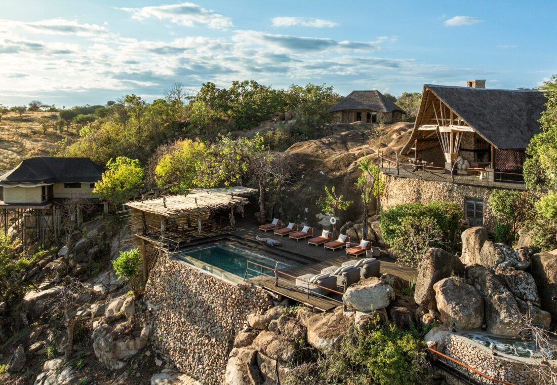 Mwiba Lodge built among granite boulders above a river gorge