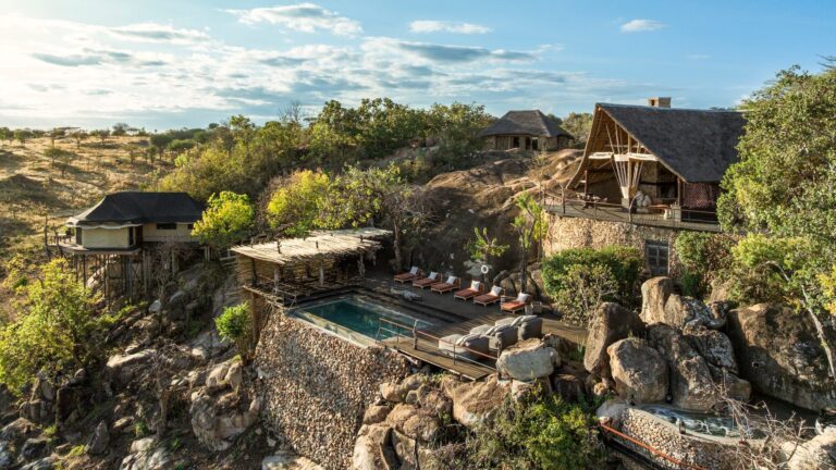 Mwiba Lodge built among granite boulders above a river gorge