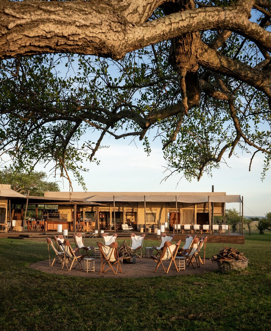 Guest tent and open grassland at Singita Sabora Tented Camp
